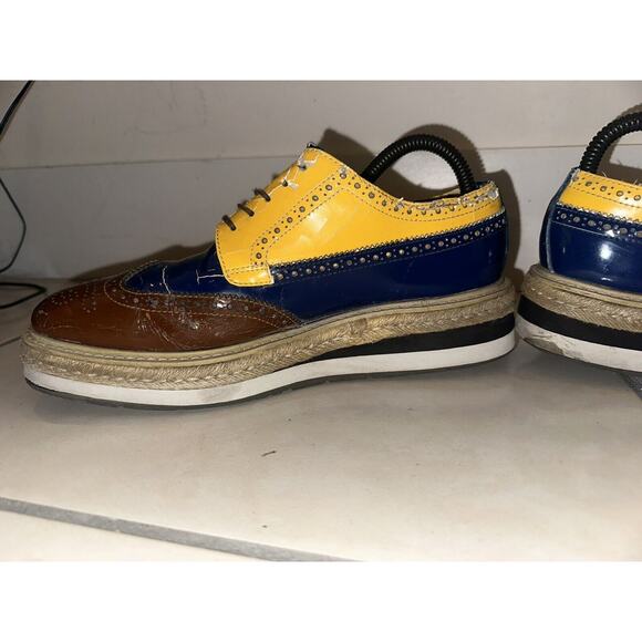 Prada Men's Shoes Brogue Us 9 Patent Leather Yellow Blue Wingtip Oxford M169 - Picture 8 of 16